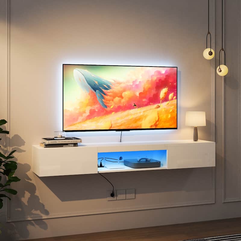 Floating TV Stand Wall Mounted TV Shelf with 16 Color LEDs High Gloss